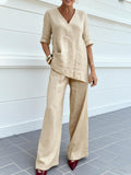 Women's Casual Cotton-Linen V-Neck Top and Pants Set