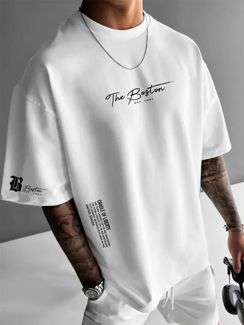 Mens Round Neck Letter Print Cotton T-shirt