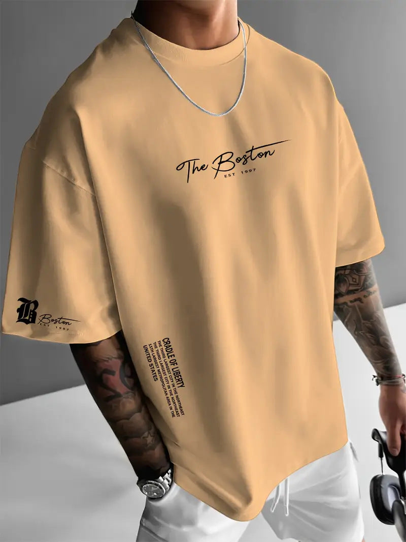 Mens Round Neck Letter Print Cotton T-shirt