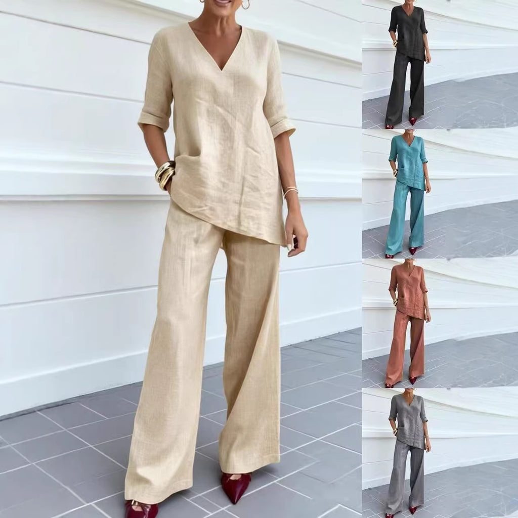 Women's Casual Cotton-Linen V-Neck Top and Pants Set