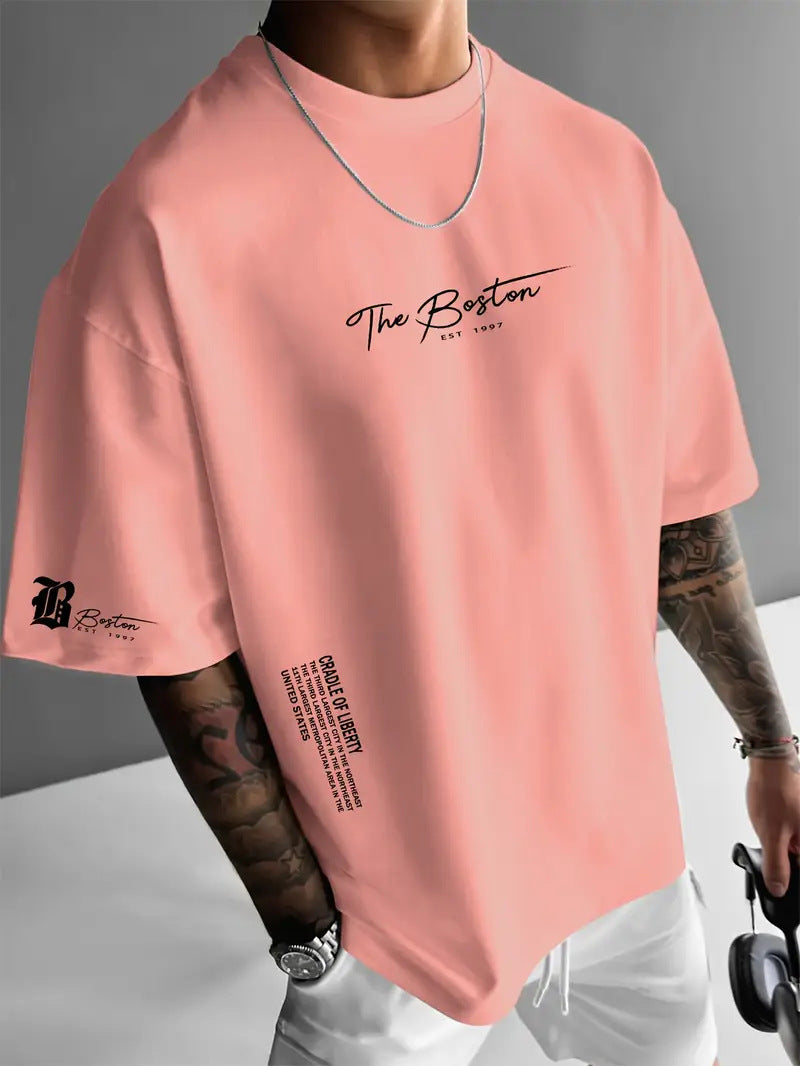 Mens Round Neck Letter Print Cotton T-shirt