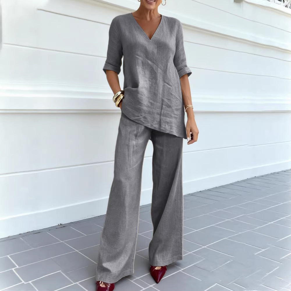 Women's Casual Cotton-Linen V-Neck Top and Pants Set