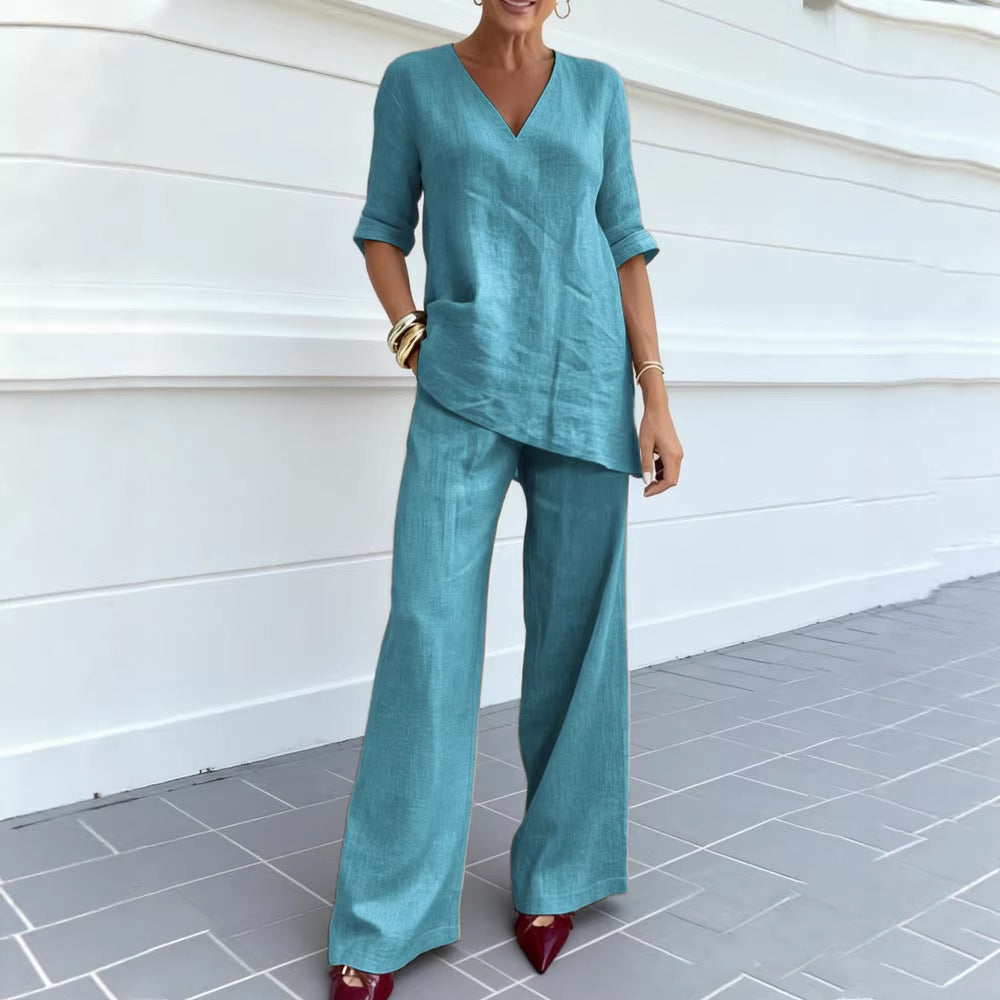 Women's Casual Cotton-Linen V-Neck Top and Pants Set