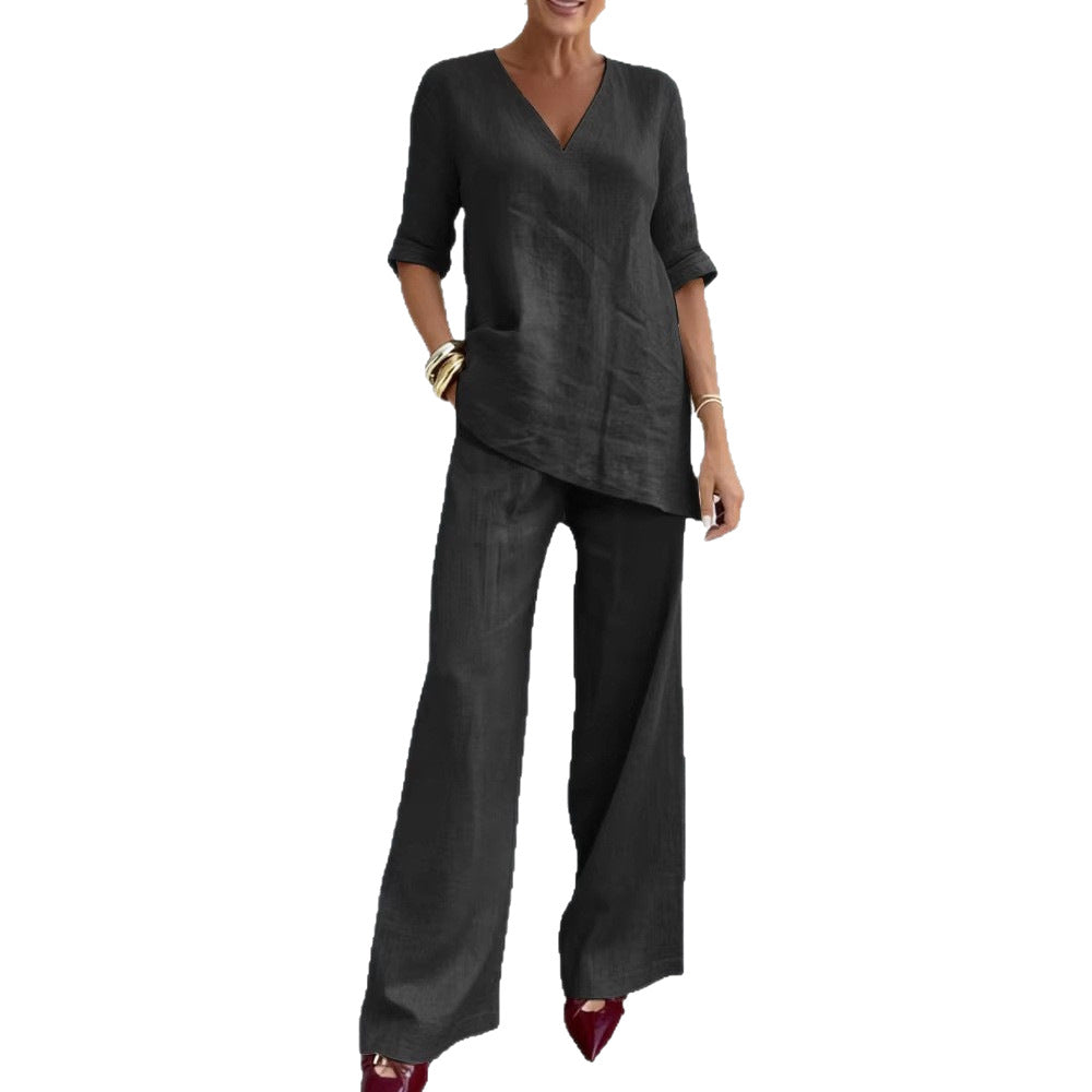 Women's Casual Cotton-Linen V-Neck Top and Pants Set